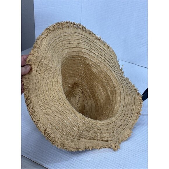 Fashion Hat Woven Sun Hat Fringed Grosgrain Ribbon Band NWT Tan Black 9034 - Picture 14 of 15